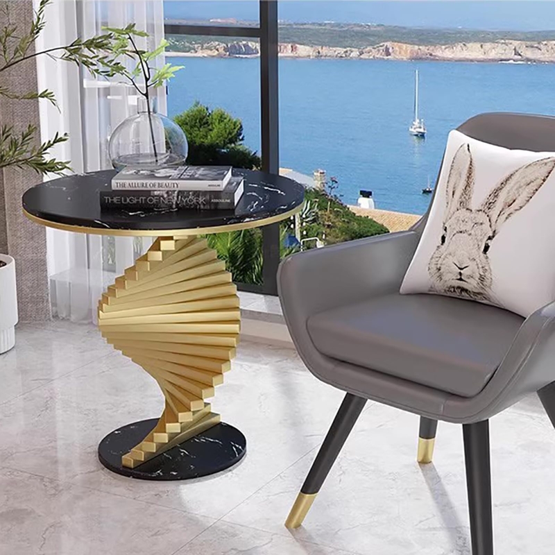 Side Table, Sculptural Gold Pedestal, Stone Top, Glam Accent Furniture