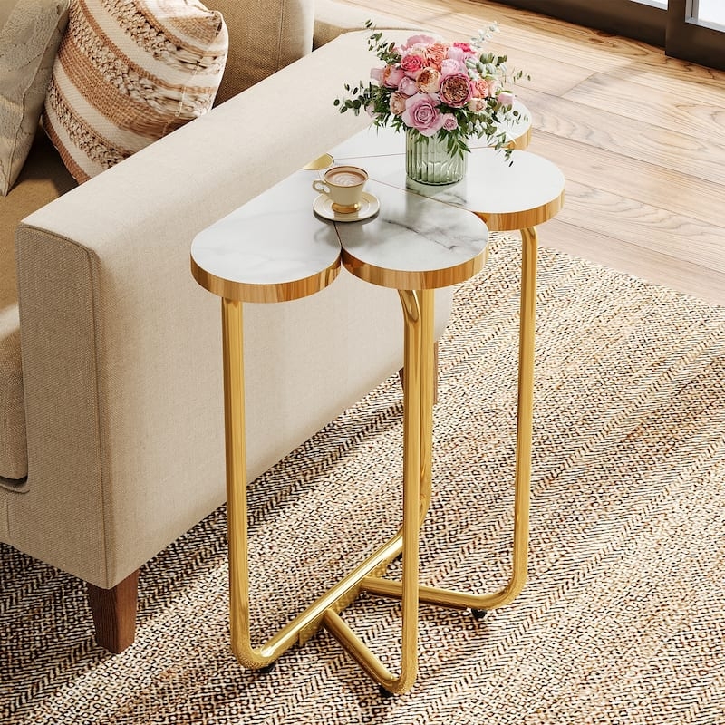 Side Table Semi Circle Faux Marble Gold Metal C-Shape Base