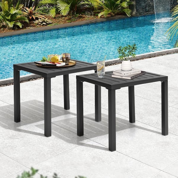 Side Table Set 2-Piece Black Slatted Top Matte Metal Modern