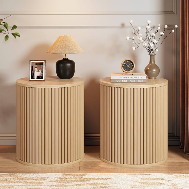 Side Table Set: Fluted Wood Drum Shape with Hidden Storage.