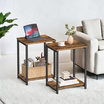 Side Table Set with Wire Mesh Shelf, Rustic Wood Top, Industrial