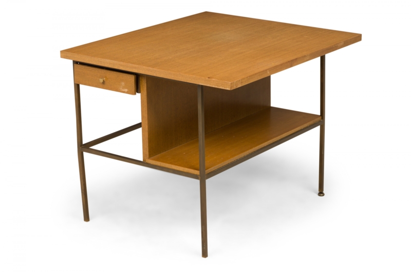 Side Table Single Drawer Wood Toned Brass X Brace Mid Century
