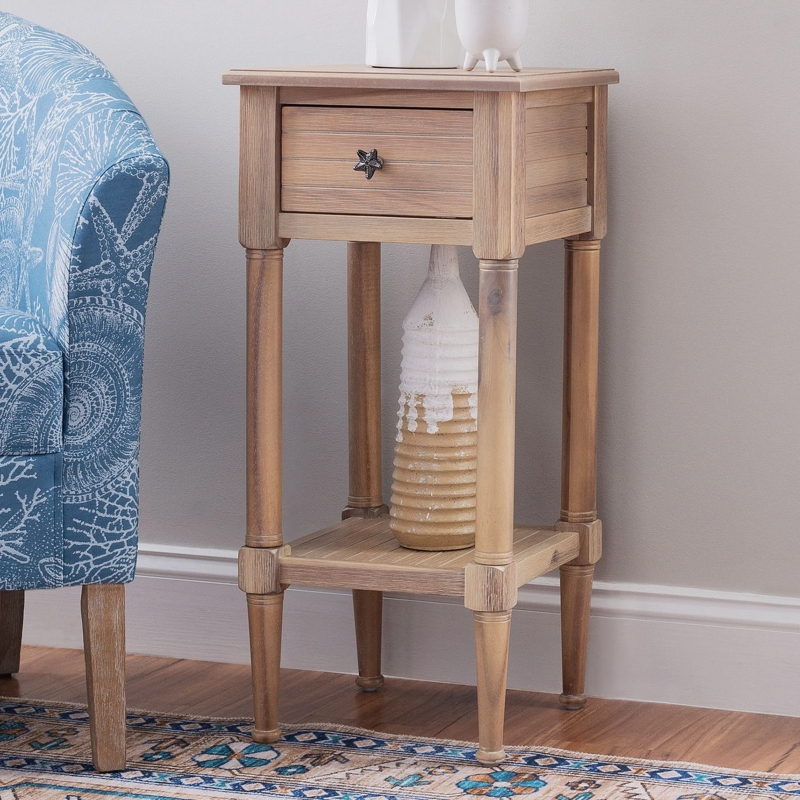 Side Table Slatted Side Panels Antique White, Shutter Side Accent Table