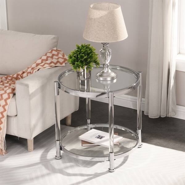 Side Table Sleek Clear Acrylic Block Legs Glass Top Chrome Accents