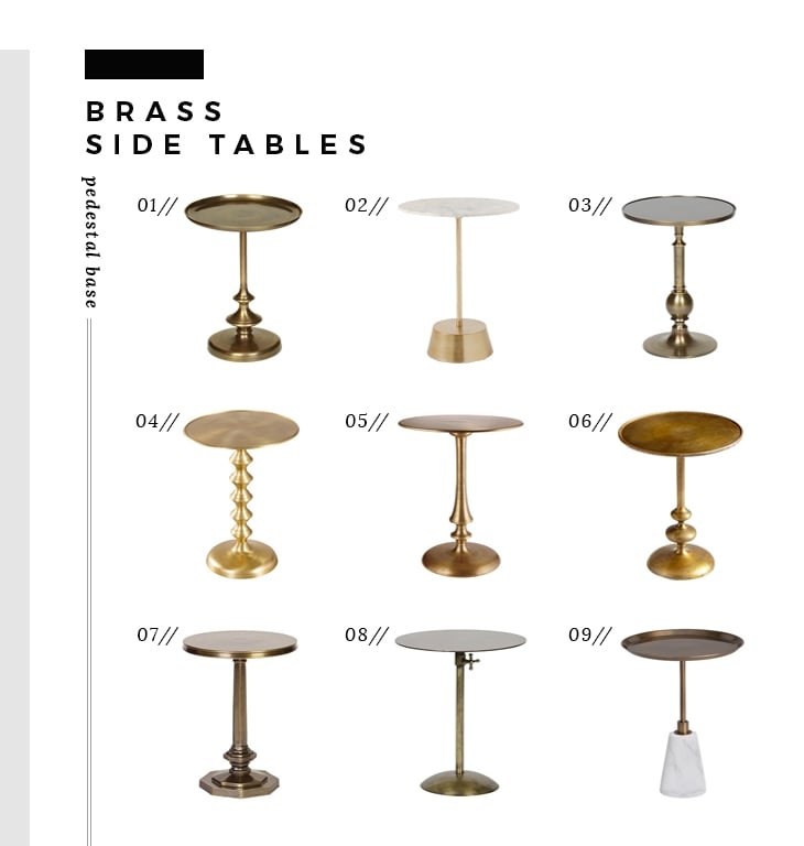 Side Table Slim Neck Pedestal Polished Brass Round Transitional
