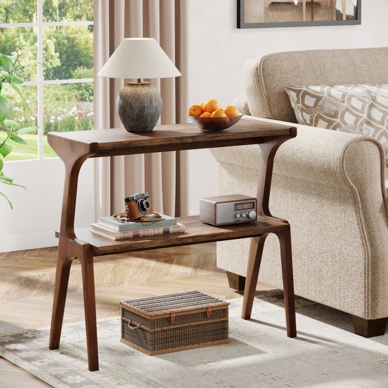Side Table Slim Profile Two-Tier Rustic Brown Wood Finish