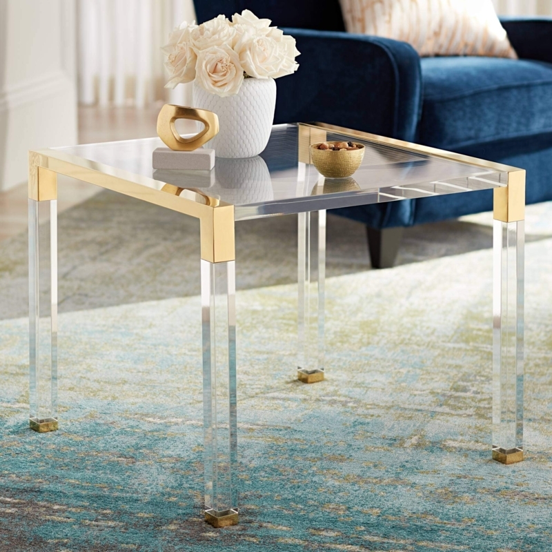 Side Table, Square Clear Acrylic Slab, Polished Gold Corner Brackets