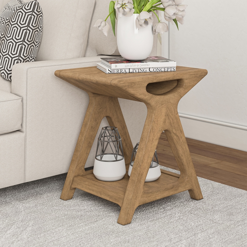 Side Table Square Tapered Legs Open Shelf Honey Finish Mid-Century