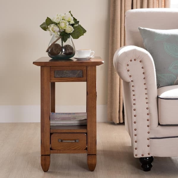 Side Table Storage Drawer Slate Tile Inlay, Mission Style Decor.