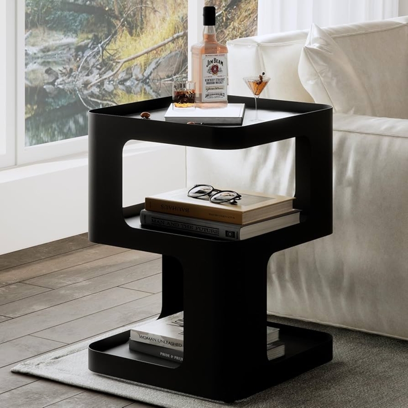 Side Table: Three Tier Black Metal Nightstand with Open Shelving