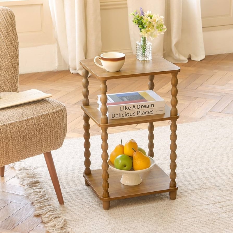 Side Table Three Tier Caramel-Toned & Black Metal Frame Nightstand