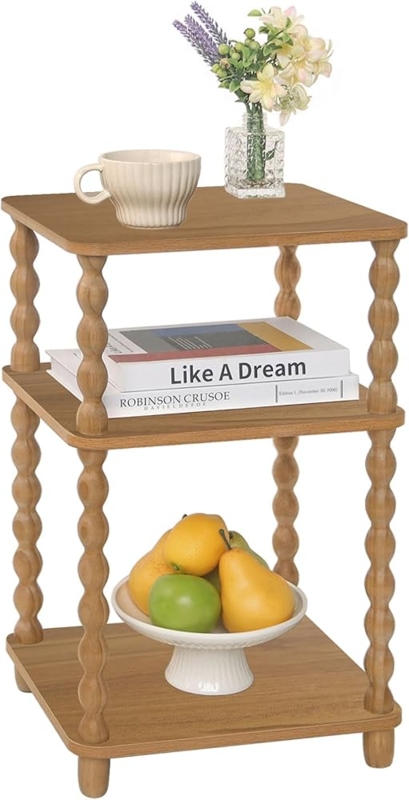 Side Table Three Tier Circular Shelves Caramel & Black Metal Frame