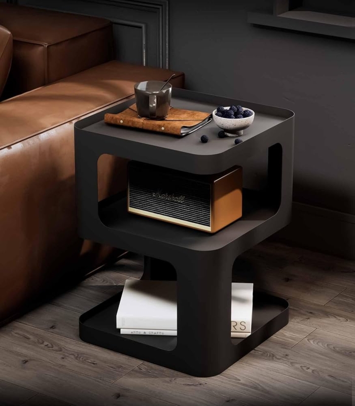 Side Table, Three Tier Mesh, Matte Black Metal, Square Silhouette
