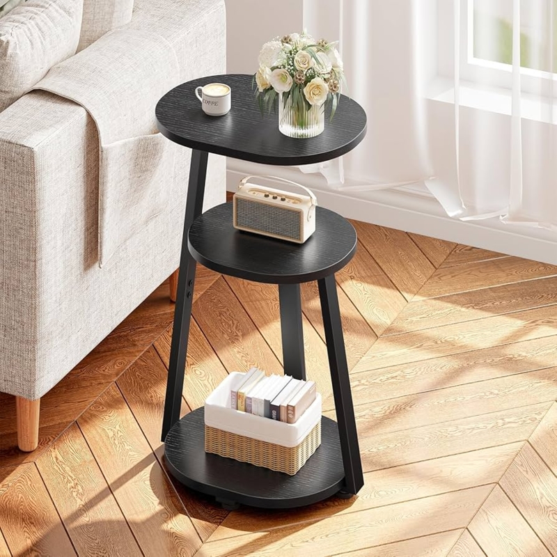 Side Table Three-Tier Oval Shelves Metal Frame Modern