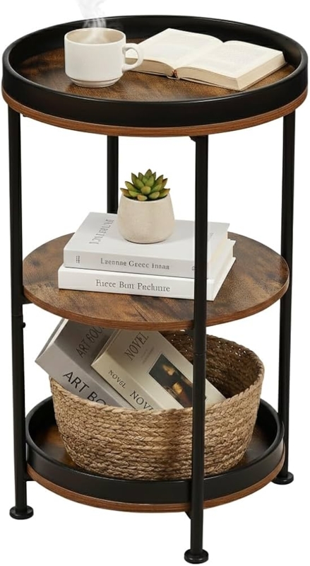 Side Table Three Tier Round Rustic Brown Industrial Round Sofa Table