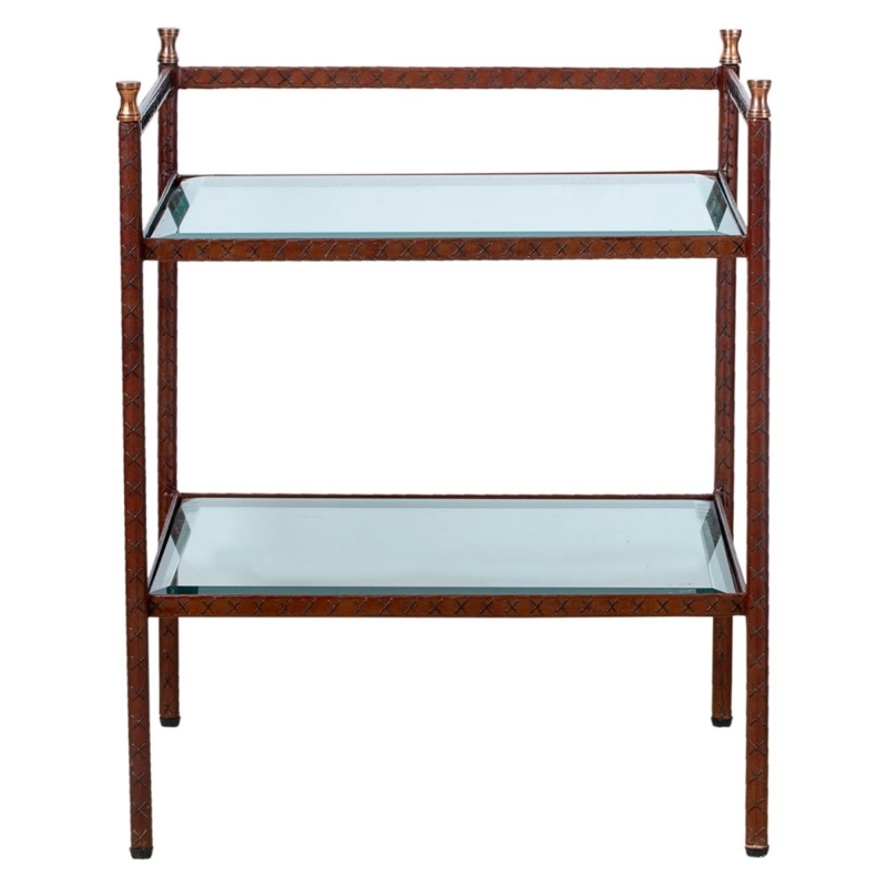 Side Table Three Tier Tan Leather Wrapped Exposed Stitching