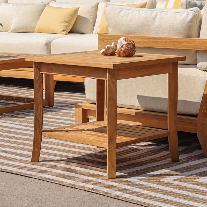Side Table Tiered Storage Square Wood Toned Teak Slatted Shelf Accent