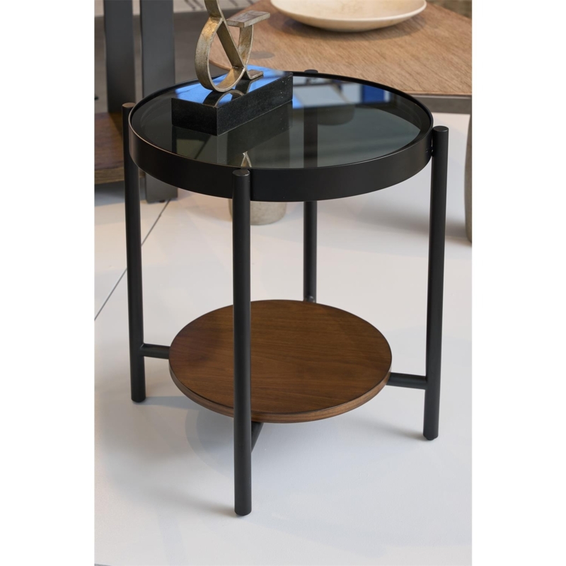Side Table Triangular Lower Shelf Round Tripod Legs Warm Brown Modern