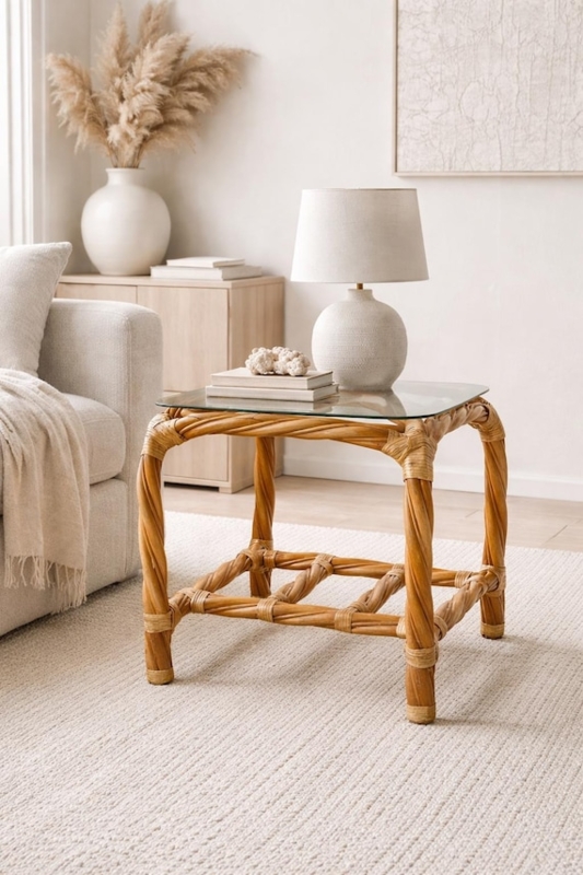 Side Table Twisted Rattan Round Glass Top Tripod Base