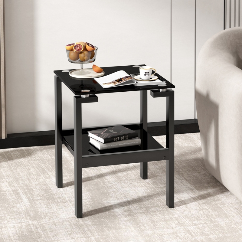 Side Table Two-Tier, Black Gloss Finish, Tripod Base, Minimalist.