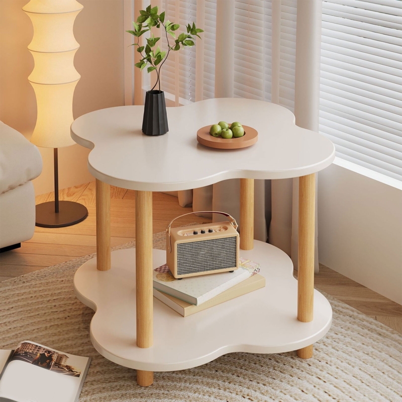 Side Table, Two-Tier Circular Shelves, White Metal Frame & Wood Tops