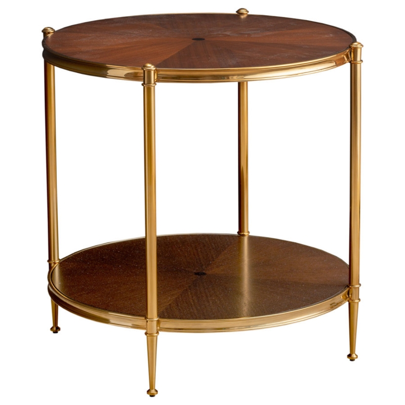 Side Table Two Tier Mahogany Surfaces Brass Frame Round Accent