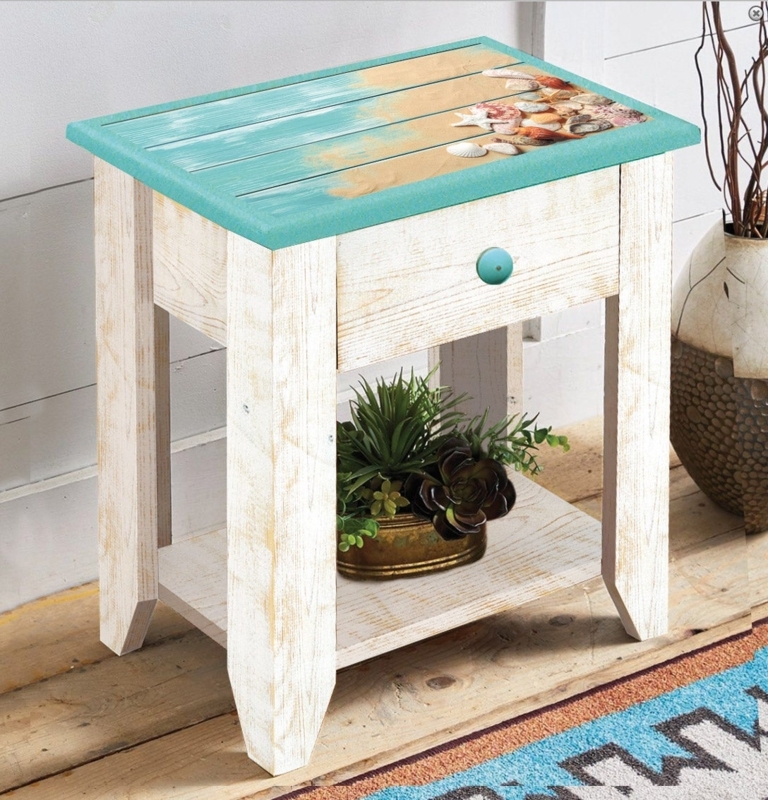 Side Table Two Tone Palette Raised Rim, Blue and White Coastal Side Table