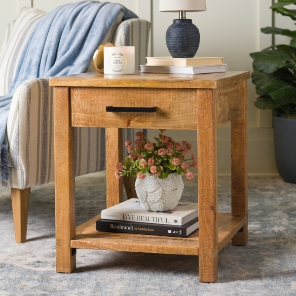Side Table Vertical Fluting Drum Silhouette Natural Wood