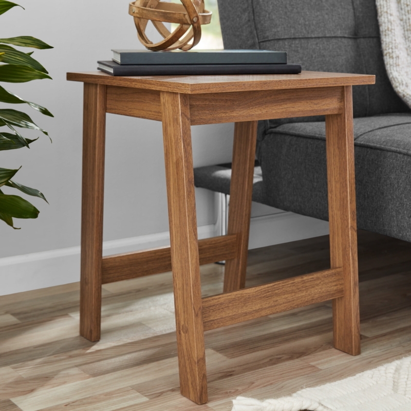 Side Table Walnut Finish Compact Square Silhouette Lower Tier Shelf