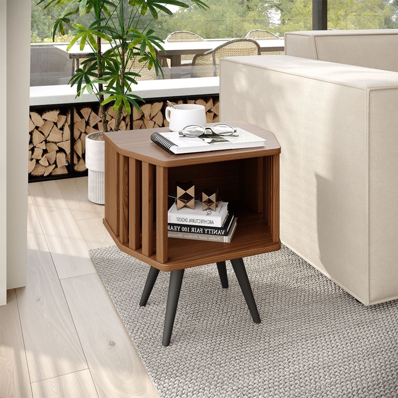 Side Table Walnut Finish Slatted Tambour Door and Side Cubbies