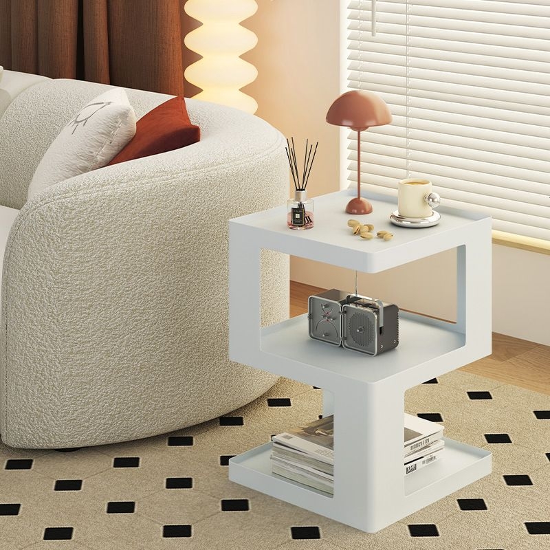 Side Table White C-Shaped Metal With Perforated Mesh Shelves