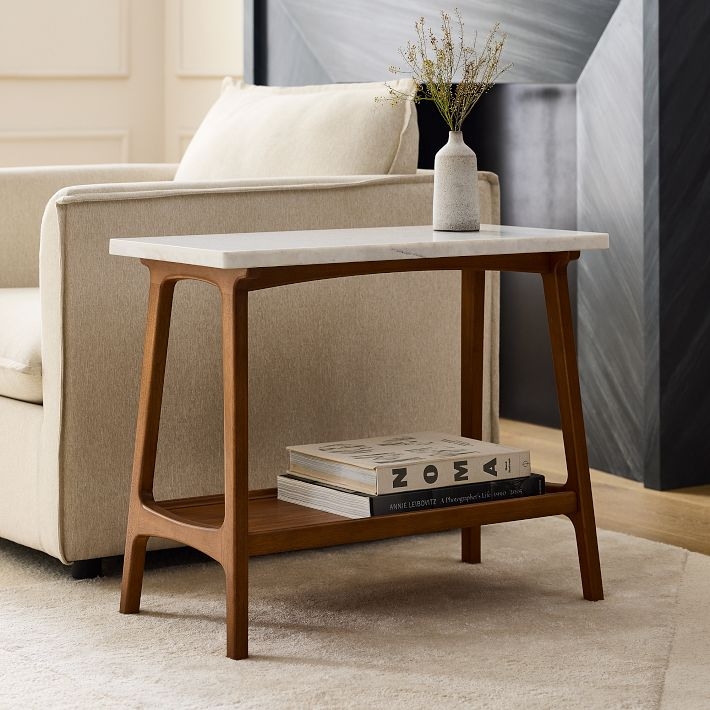 Side Table White Marble Top Tripod Base Mid Century Modern
