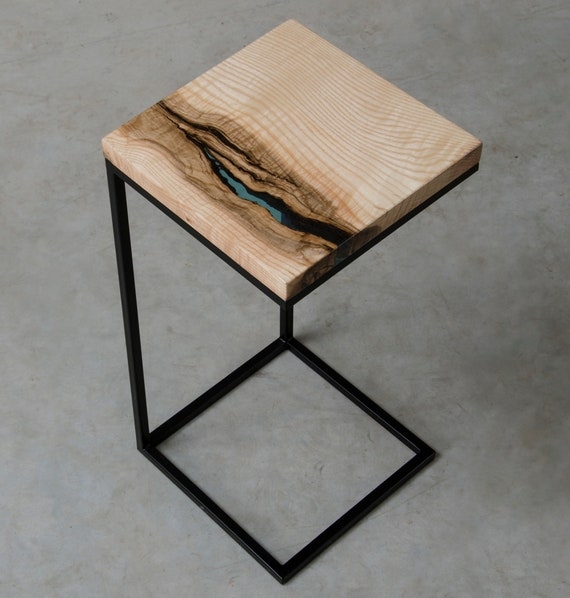 Side Table with Blue Resin River and Tripod Base