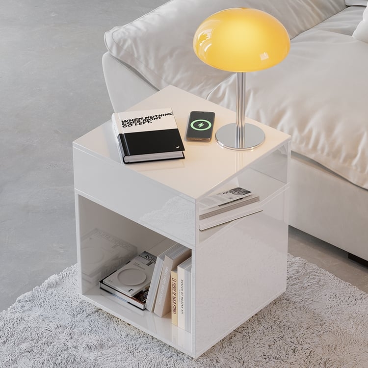 Side Table with Built-In Outlets, Modern White Charging Station