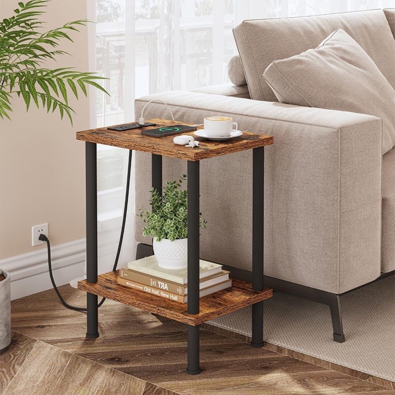 Side Table with Charging Station Rustic Wood-Toned Two-Tier