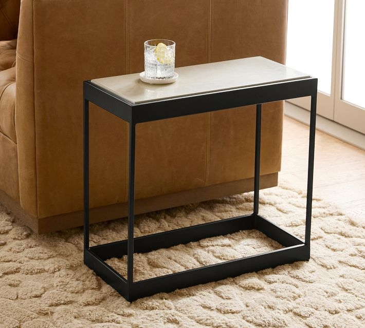Side Table with Crema Stone Top and Bronze Frame End Table Shelf