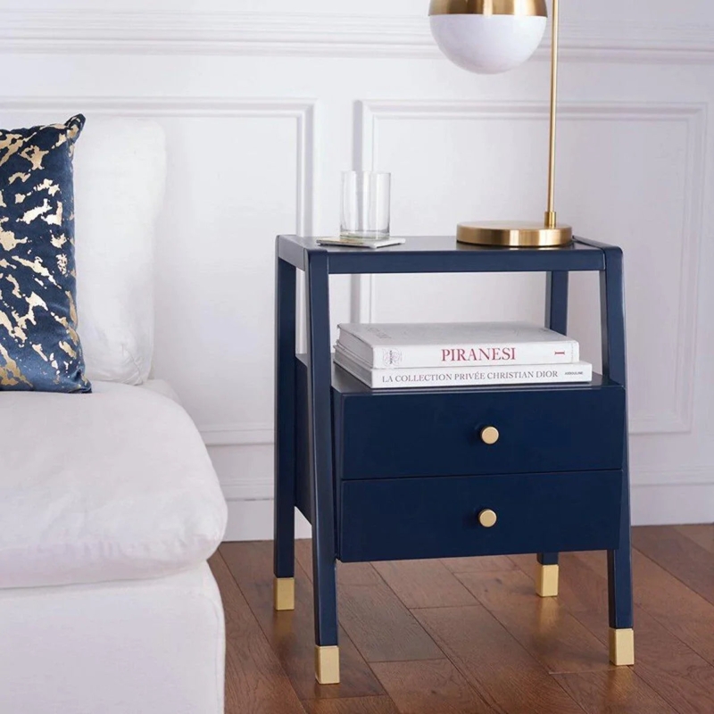 Side Table with Gold Capped Feet, Two Drawers, Navy Blue Finish