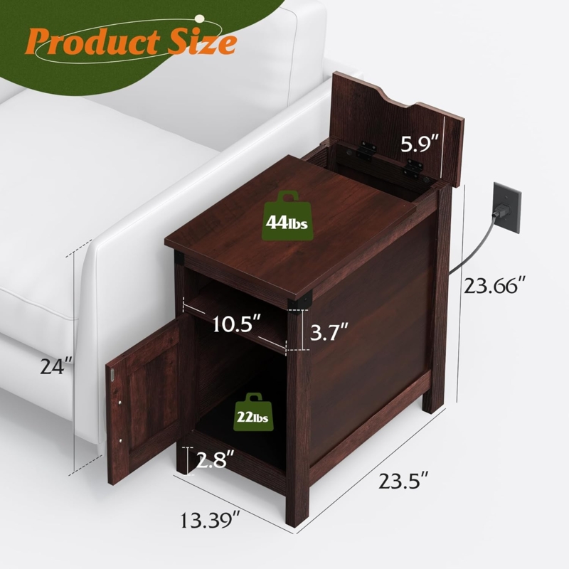 Side Table with Mesh Cabinet, Rustic Brown Vintage Charging Unit
