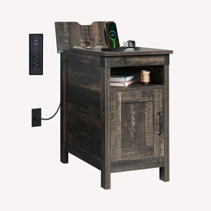 Side Table with Slatted Door Cabinet, Narrow Industrial Charging Unit