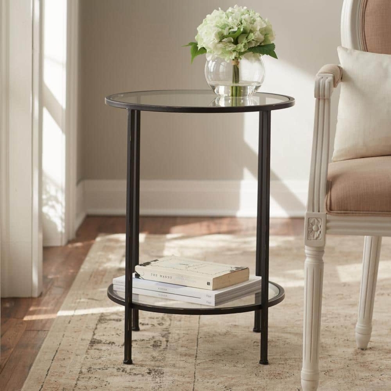 Side Table with Tripod Pedestal Base in Antique Bronze, Metal and Glass End Table