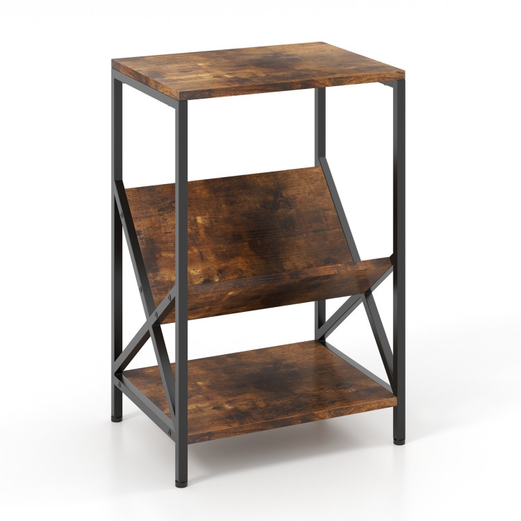 Side Table with V-Shaped Bookshelf, Industrial Three-Tier Storage.