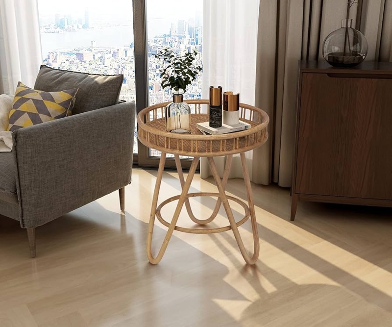 Side Table Woven Tray Top Hairpin Legs Boho