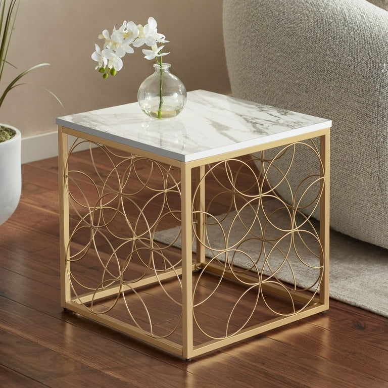 Side Table X-Base Marbled Pattern Faux Marble Accent Table