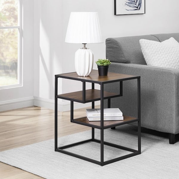 Side Table X-Brace Design Dark Walnut Metal Industrial Style