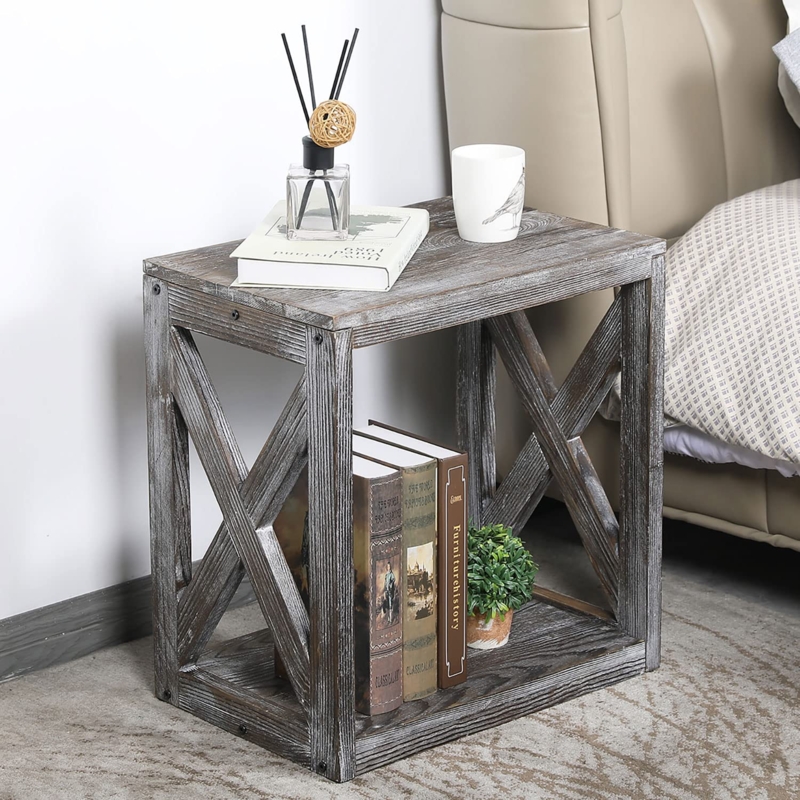 Side Table X-Frame Distressed Gray Finish Farmhouse Bottom Shelf