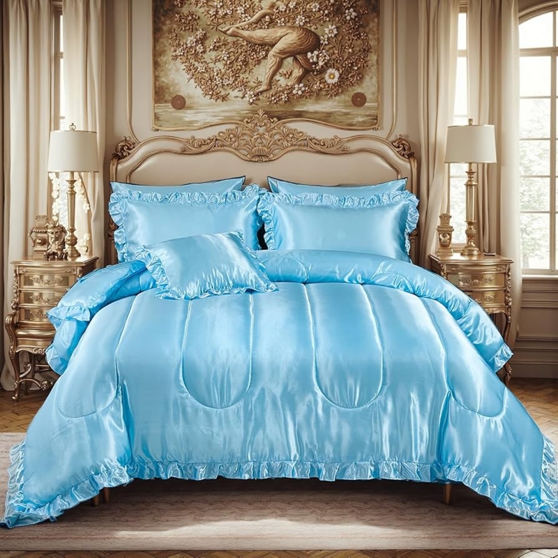 Silky Baby Blue Bedding Set with Satin Ruffle Pattern