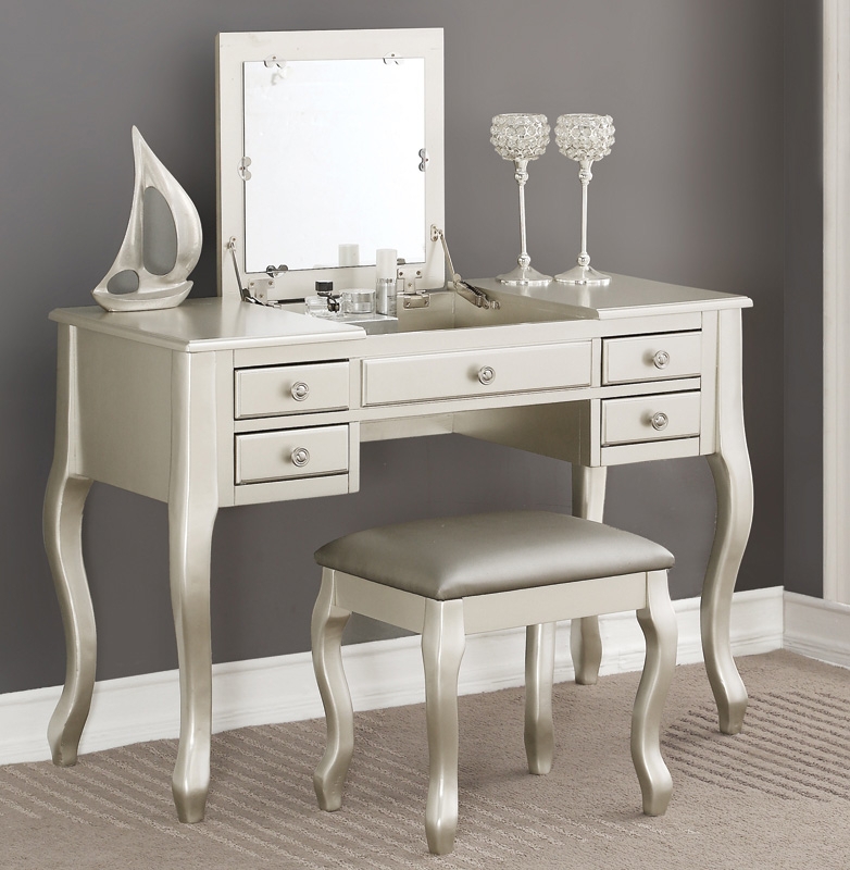 Silver Makeup Vanity with Mirrored Drawer Fronts and Tri-Fold Mirror