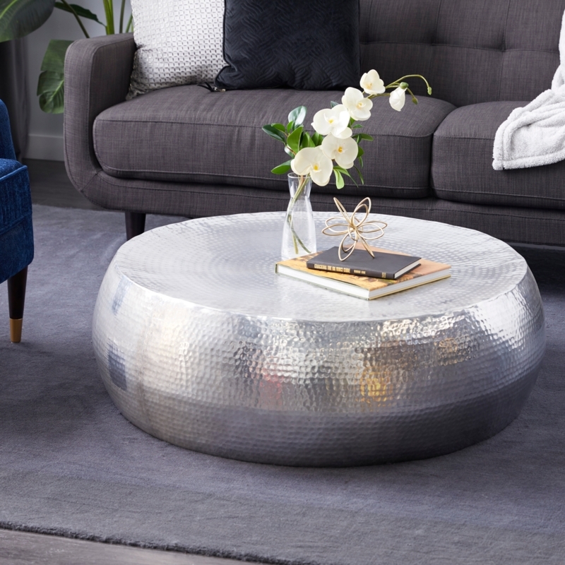 Silver Metal Drum Coffee Table with Hammered Texture Industrial