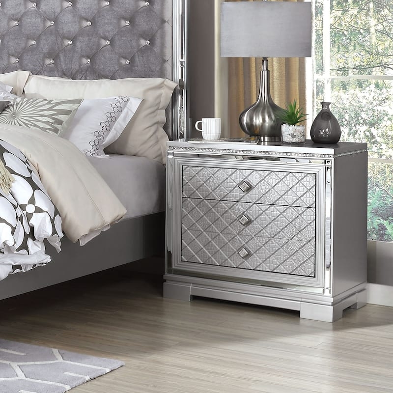 Silver Metallic Nightstand with Mirrored Fronts and Three Drawers