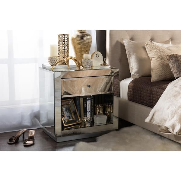 Silver Metallic Nightstand with Single Drawer and Open Lower Shelf